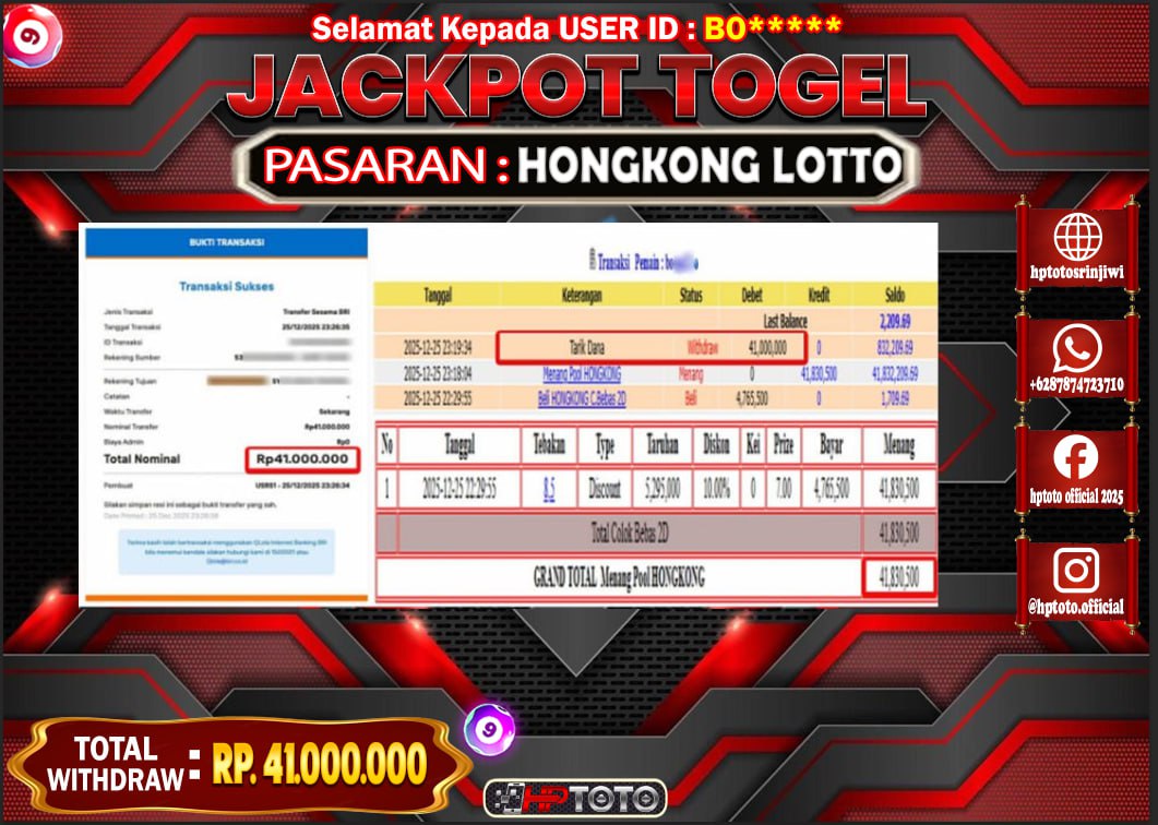 HPTOTO JACKPOT TOGEL HONGKONG LOTTO Rp..41.000.000,- LUNAS